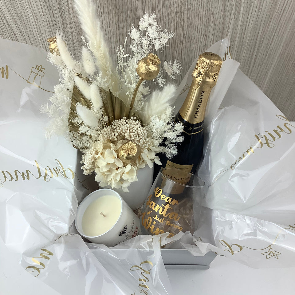 hamper with dried flower arrangement, wine, personalized wine glass and candle